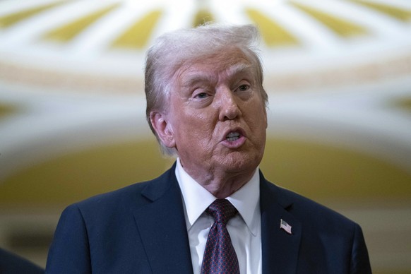 President-elect Donald Trump talks to reporters after a meeting with Republican leadership at the Capitol on Wednesday, Jan. 8, 2025, in Washington. (AP Photo/Jose Luis Magana)
Donald Trump
