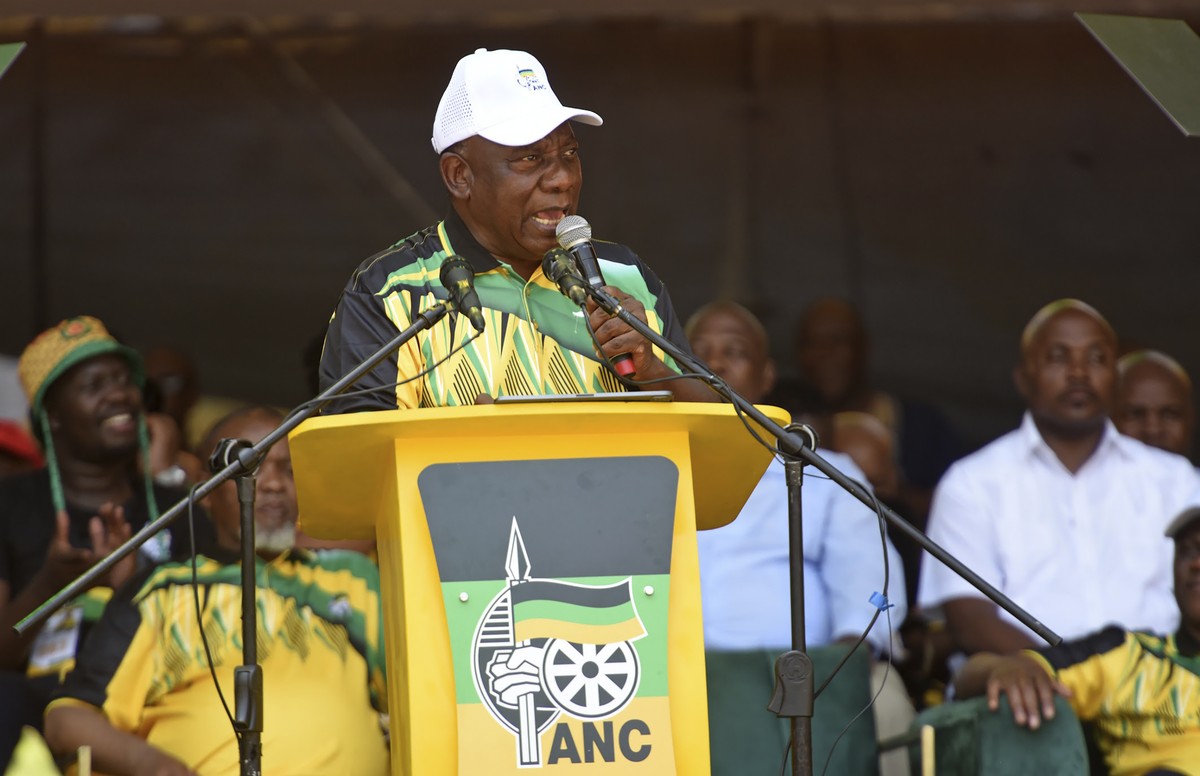 African National Congress president Cyril Ramaphosa, addresses supporters at the Mbombela, South Africa, Stadium Saturday, Jan. 13, 2024. The ruling party celebrated the 112th anniversary of its estab ...