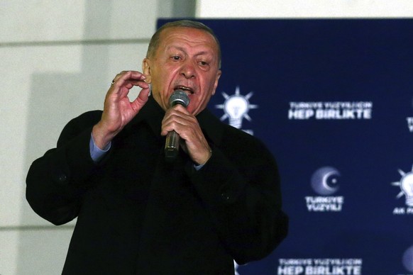 Turkish President Recep Tayyip Erdogan gives a speech at the party headquarters, in Ankara, Turkey, early Monday, May 15, 2023. Erdogan, who has ruled his country with an increasingly firm grip for 20 ...