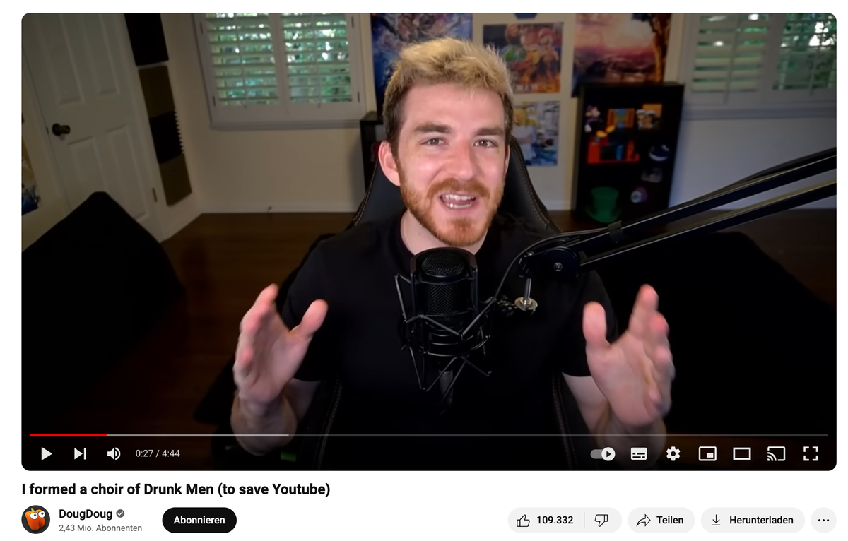 Der YouTuber «DougDoug» erklärt, warum er den «Drunk Men's Choir» gegründet hat. Ende 2023.