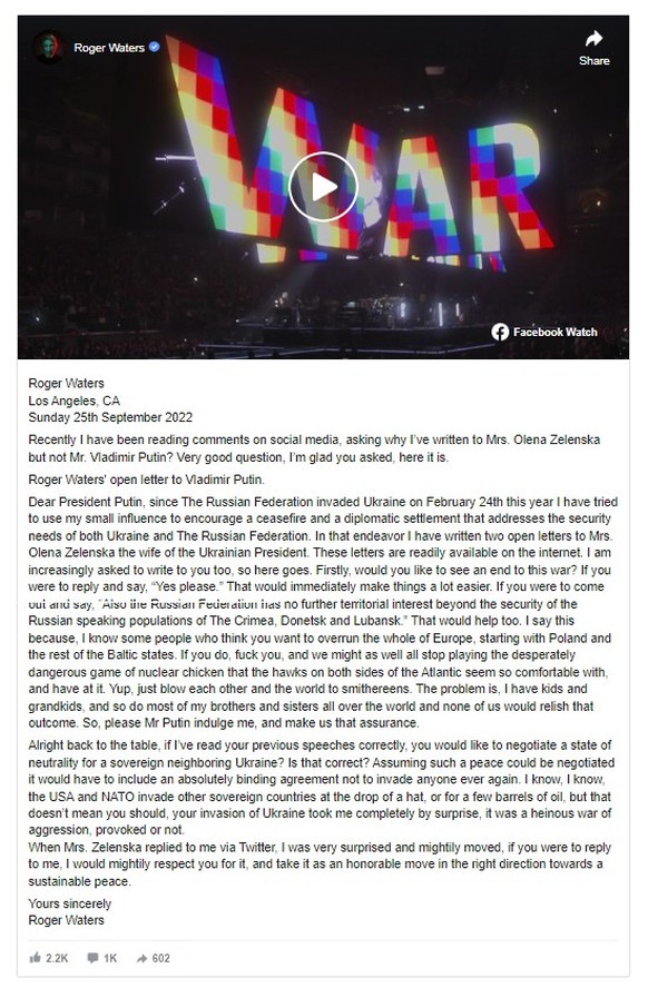 Roger Waters, offener Brief an Putin, Screenshot Facebook