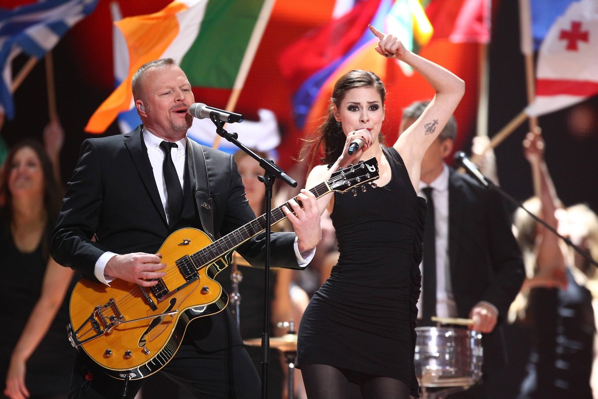 Stefan Raab und Lena Meyer-Landrut GER am 13.05.2011 während den Proben zum Finale des Eurovision Songcontest 2011 in der Esprit Arena Düsseldorf