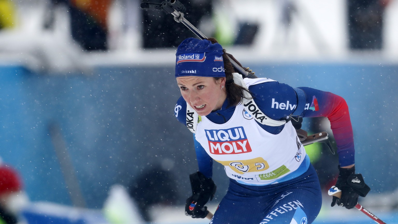 Switzerland&#039;s Selina Gasparin competes during the mixed 4x7.5 km relay competition at the World Championships Biathlon event in Pokljuka, Slovenia, Wednesday, Feb. 10, 2021. (AP Photo/Darko Bandi ...