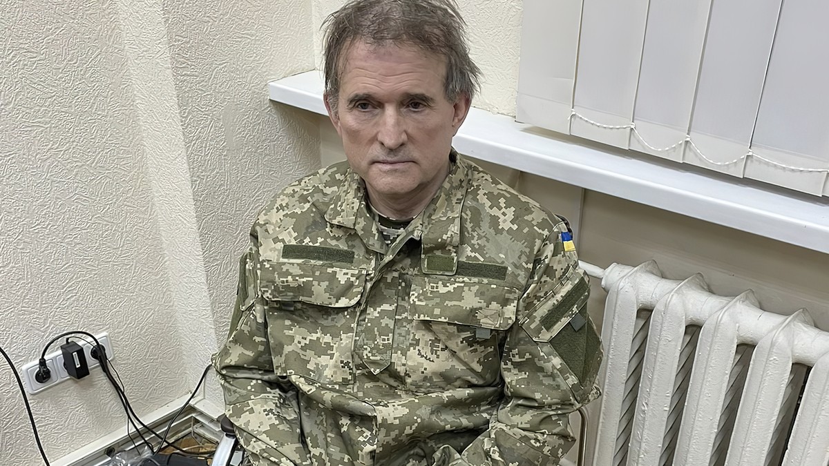 In this image provided by the Ukrainian Presidential Press Office, oligarch Viktor Medvedchuk, who is both the former leader of a pro-Russian opposition party and a close associate of Russian leader V ...