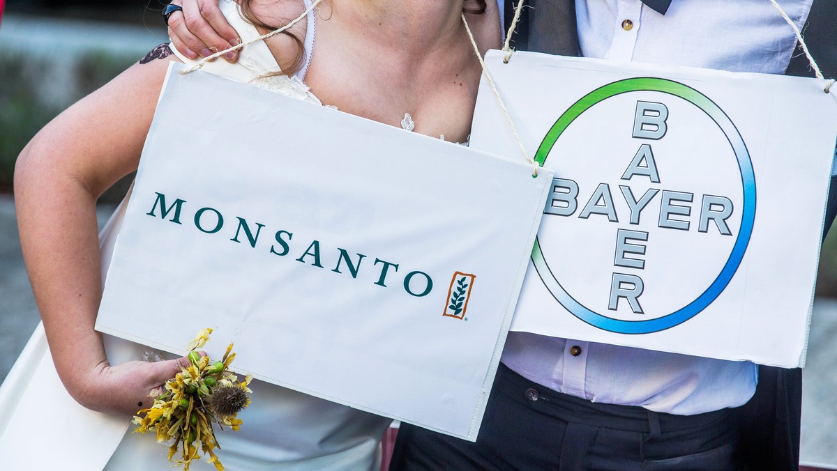epa06618054 (FILE) - A woman and a man dressed as bride and groom pose during an action 'marriage made in hell' to denounce the threat posed by the planned merger of Bayer and Monsanto in fr ...
