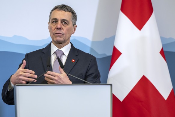 Switzerland&#039;s President and head of the Federal Department of Foreign Affairs Ignazio Cassis, speaks during a press briefing at the Uni Dufour University of Geneva, during an official visit of pr ...