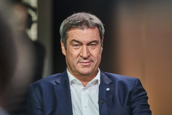 epa09435136 State Premier of Bavaria and Christian Social Union (CSU) chairman Markus Soeder is guest of German TV station ARD&#039;s summer interview series in Berlin, Germany, 29 August 2021. The el ...