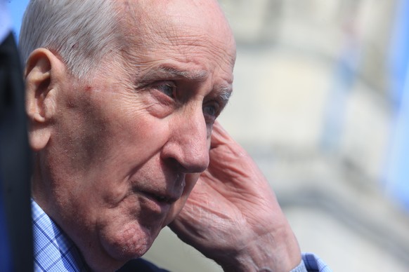 epa10590972 93-year-old former RAF squadron leader Terrance Devey Smith, who flew in the fly-past for the coronation of Queen Elizabeth II in 1953, looks ahead to the final rehearsal for the fly-past...