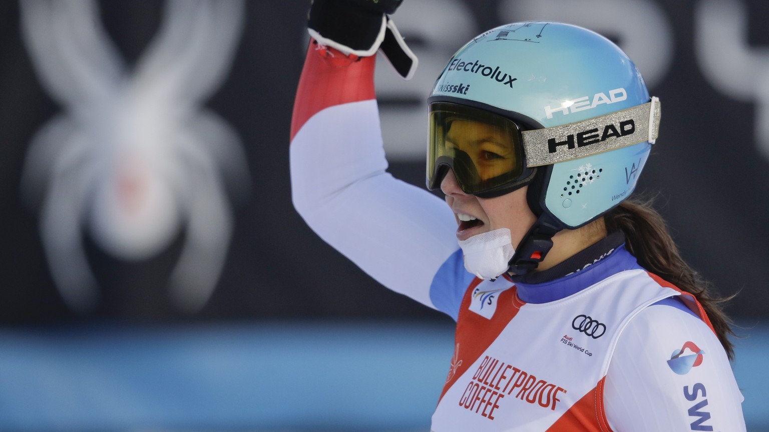 Switzerland's Wendy Holdener reacts after completing the alpine ski, women's World Cup giant slalom in Killington, Vt., Saturday, Nov. 24, 2018. (AP Photo/Charles Krupa)