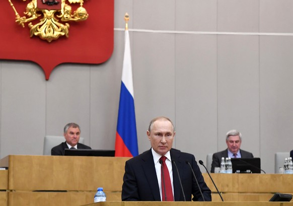 Russian President Vladimir Putin speaks during a session prior to voting for constitutional amendments at the State Duma, the Lower House of the Russian Parliament in Moscow, Russia, Tuesday, March 10 ...