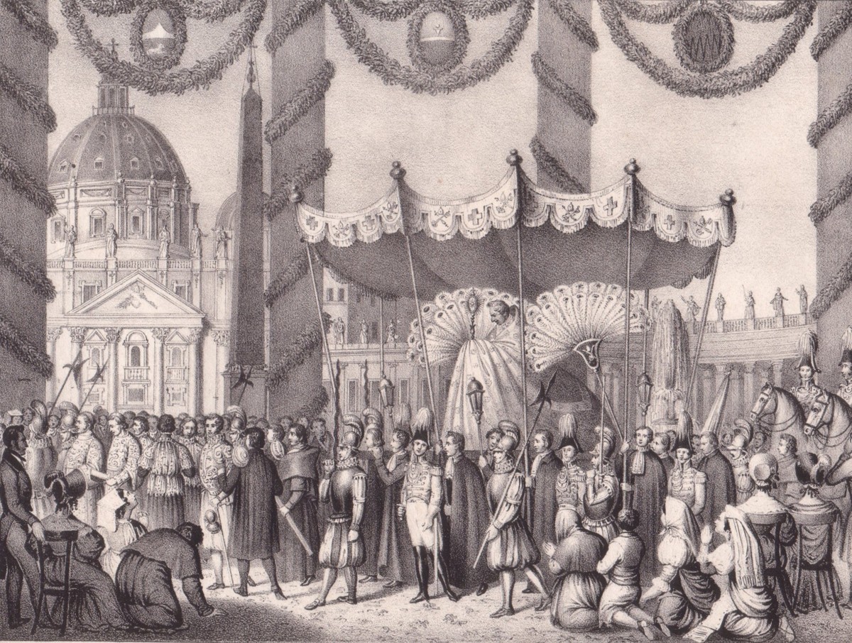 Fronleichnamsprozession in Rom, Papst mit Flabelli, Lithographie um 1830