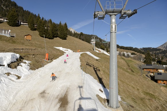 Skier in action on a ski slope covered with artificial snow surrounded by green fields, in the Swiss Alps, during Christmas holydays, in Leysin, Switzerland, December 24, 2015. The snow has melted as  ...