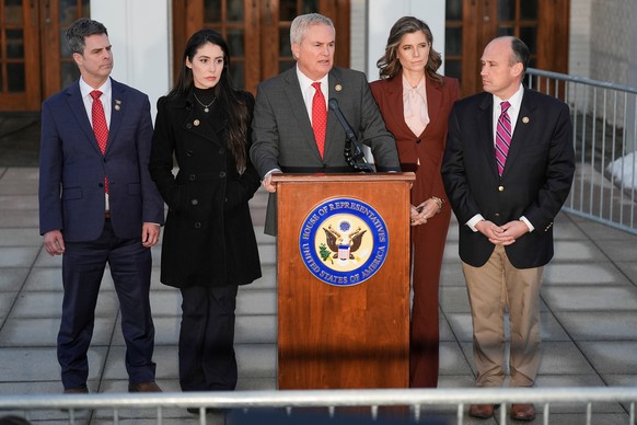 Rep. James Comer, R-Ky., speaks outside the Chappaqua Performing Arts Center where former President Bill Clinton was testifying before U.S. House lawmakers as part of a congressional investigation int ...