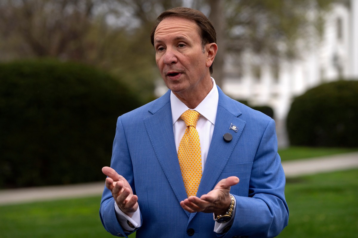 FILE - Louisiana Gov. Jeff Landry records a social media video outside the White House, Monday, March 24, 2025, in Washington. (AP Photo/Mark Schiefelbein, File)
Jeff Landry