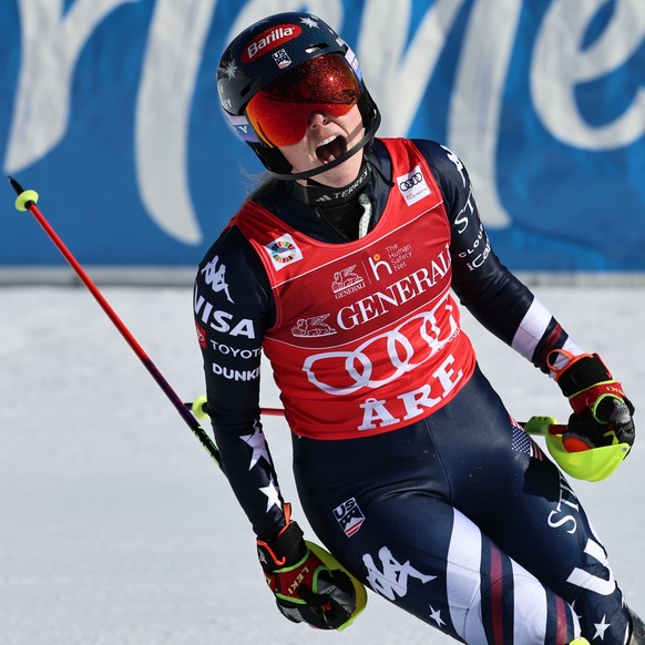 United States' Mikaela Shiffrin reacts after winning an alpine ski, women's World Cup slalom, in Are, Sweden, Sunday, March 15, 2026. (AP Photo/Marco Trovati)
Mikaela Shiffrin