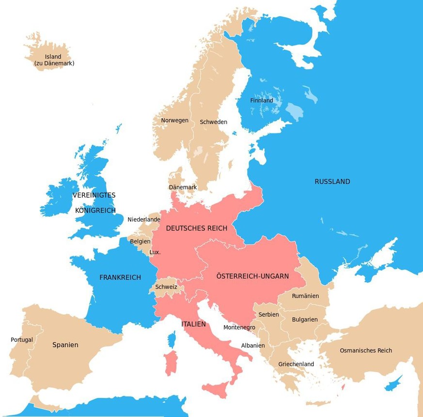 Das offizielle Bündnissystem im Jahr 1914: Triple Entente (blau), Dreibund (rot; Italien trat jedoch 1915 auf Seiten der Entente in den Krieg ein).