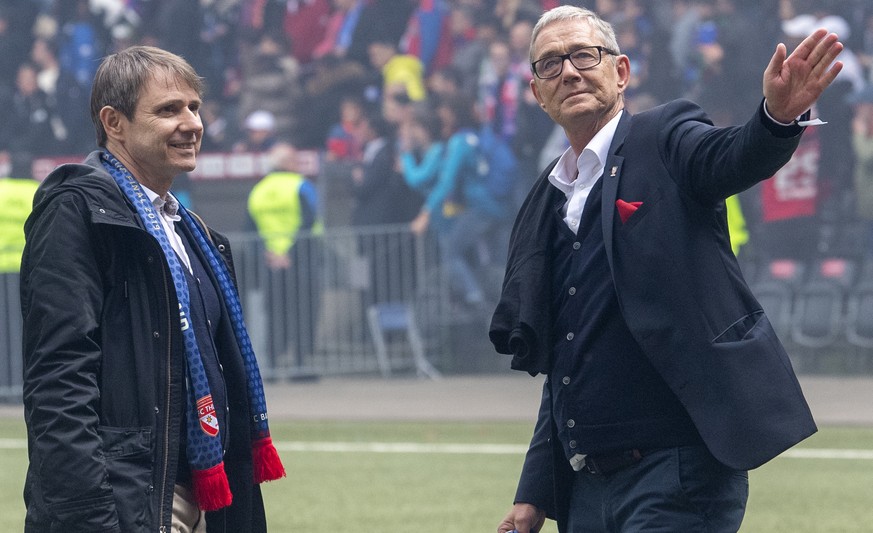 Bernhard Burgener, Praesident FC Basel, links, Roland Heri, rechts, CEO FC Basel nach dem Schweizer Fussball Cupfinalspiel zwischen dem FC Basel und dem FC Thun, am Sonntag 19. Mai 2019, im Stade de S ...