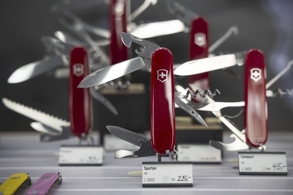 Swiss army knives of manufacturer Victorinox are on display in Bern, Switzerland, Friday, Aug. 8, 2025. (Peter Klaunzer/Keystone via AP)
Switzerland Trump Tariffs