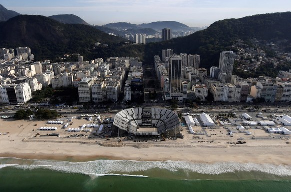 An aerial view of the 2016 Rio Olympics beach volleyball venue on Copacabana beach in Rio de Janeiro, Brazil, July 16, 2016. REUTERS/Ricardo Moraes