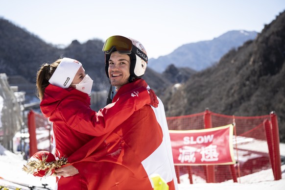 epa09802751 Switzerland's Theo Gmuer reacts after his Men's Downhill Standing in Yanqing National Alpine Skiing Centre during the Beijing 2022 Paralympic Winter Games in Beijing, China, 05 March 2022. ...