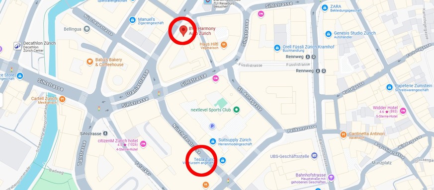 Die Verkaufsstellen von BYD (oberer roter Ring) und Tesla (unterer roter Ring) sind in Zürich nur einen Steinwurf voneinander entfernt.