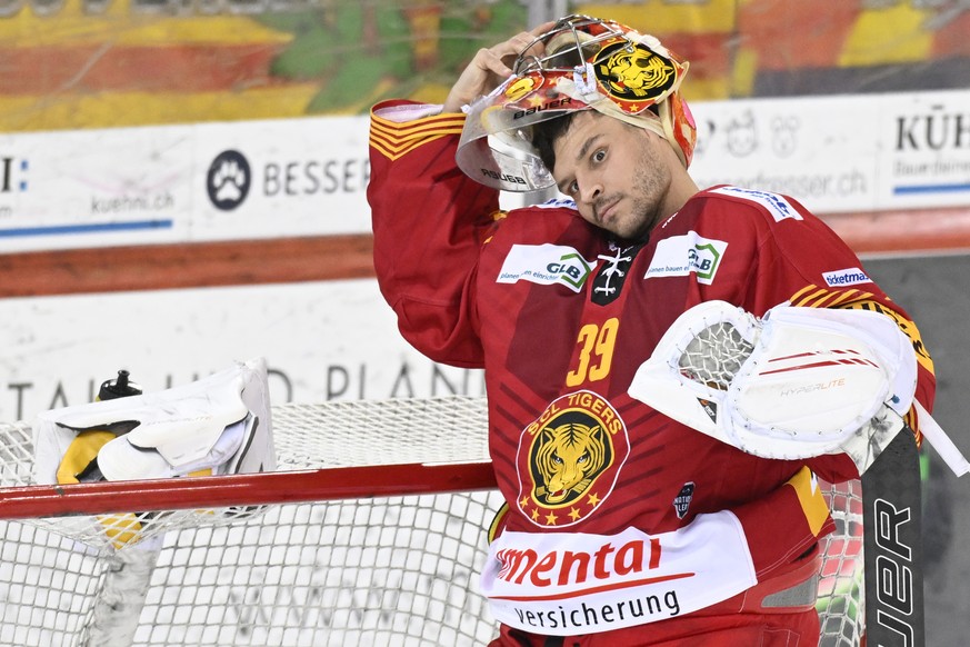 Tigers Goalie Luca Boltshauser, waehrend dem Qualifikations-Spiel der National League, zwischen den SCL Tigers und dem SC Bern, am Donnerstag 2. Maerz 2023, im Ilfisstadion in Langnau. (KEYSTONE /Marc ...