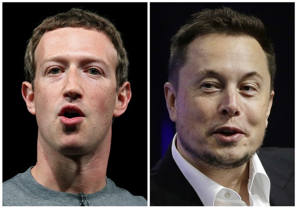 FILE - This combo of file images shows Facebook CEO Mark Zuckerberg, left, and Tesla and SpaceX CEO Elon Musk. Elon Musk says his potential in-person fight with Mark Zuckerberg would be streamed on hi ...