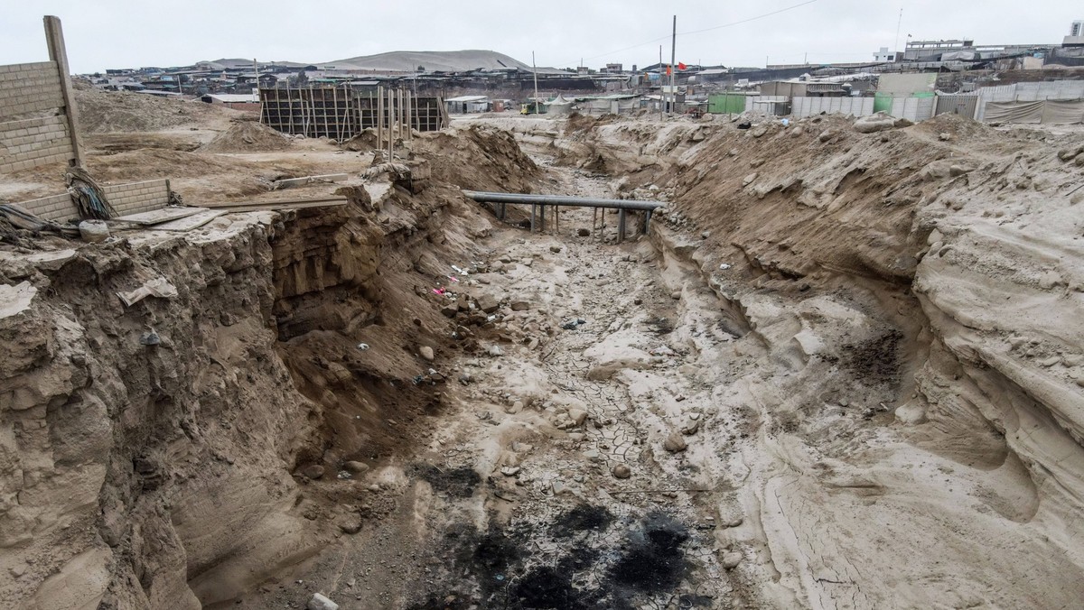 Blocked waterways generate alarm in Lima LIMA, PERU - OCTOBER 20: Aerial view of the lack of prevention where the natural watercourse is blocked by debris and garbage in the Punta Hermosa district of  ...