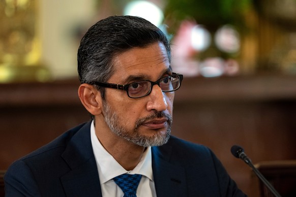 Sundar Pichai CEO of Google and Alphabet, speaks during a meeting of the White House Task Force on Artificial Intelligence Education in the East Room of the White House, Thursday, Sept. 4, 2025, in Wa ...