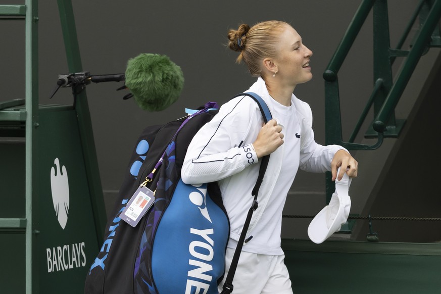 Celine Naef of Switzerland arrives for a training session the All England Lawn Tennis Championships in Wimbledon, London, Saturday, July 1, 2023. The Wimbledon Tennis Championships 2023 will be held i ...