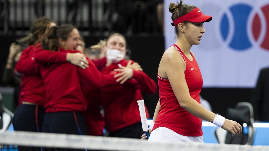 Switzerland&#039;s Belinda Bencic leaves the court after losing her Billie Jean King Cup final tennis match against Russia&#039;s Liudmila Samsonova in Prague, Czech Republic, Saturday, November 6, 20 ...