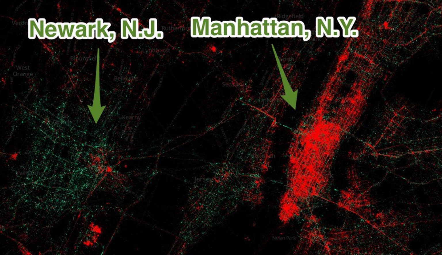 Das teure Pflaster Manhattan zeigt eine eindeutige iPhone-Dominanz (rot), während im deutlich weniger exklusiven Newark mehr Android-Geräte (grün) im Einsatz sind.