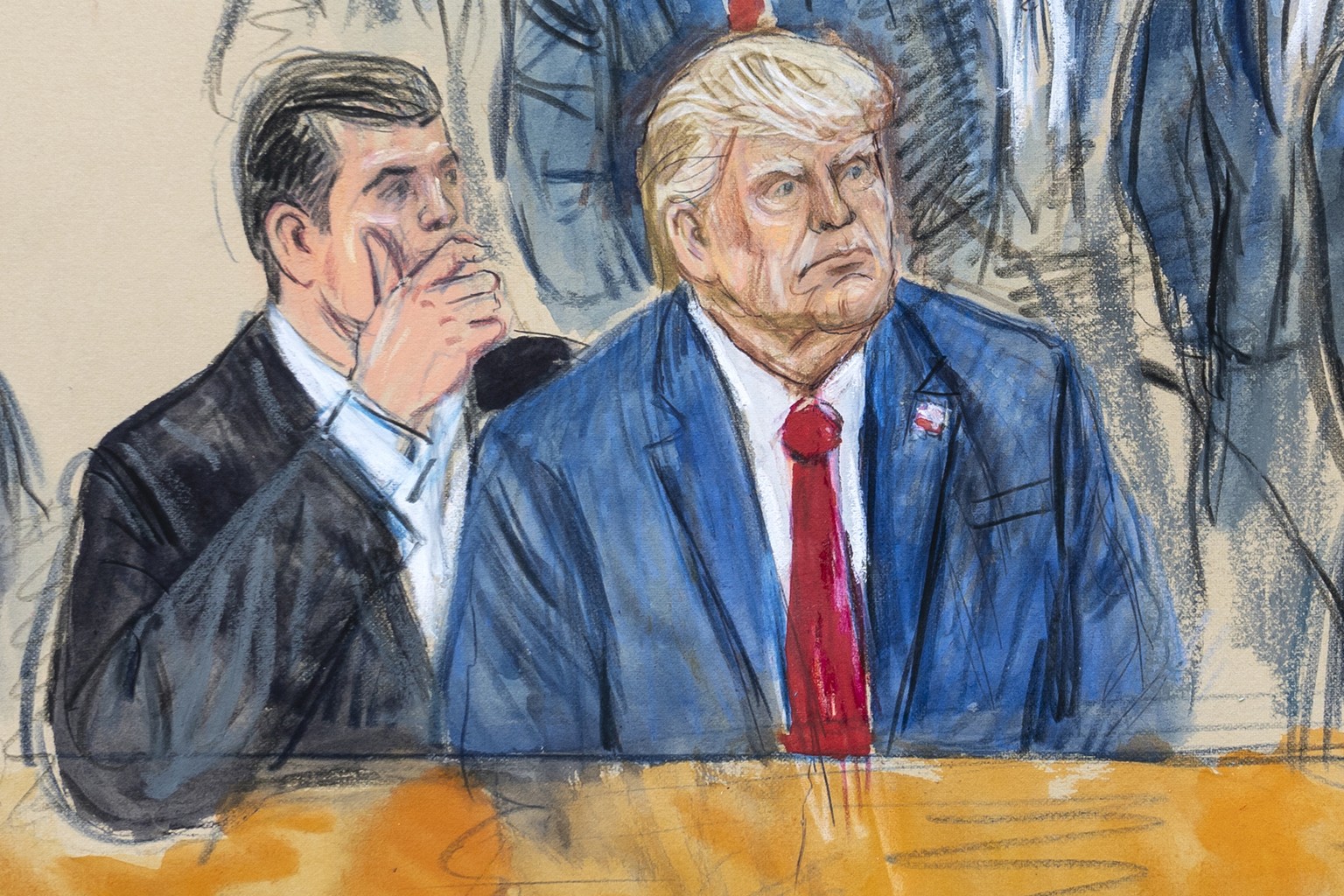 This artist sketch depicts former President Donald Trump, right, conferring with defense lawyer Todd Blanche, left, during his appearance at the Federal Courthouse in Washington, Thursday, Aug. 3, 202 ...