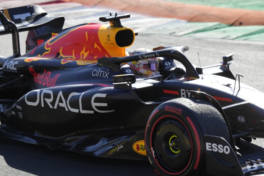 Red Bull driver Max Verstappen of the Netherlands steers his car during the Italian Grand Prix at the Monza racetrack, in Monza, Italy, Sunday, Sept. 11, 2022. (AP Photo/Luca Bruno)
