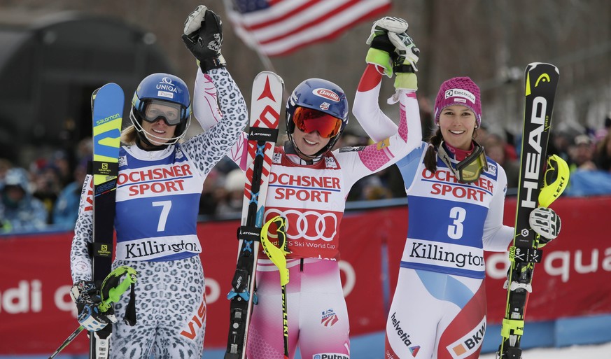 Nov 27, 2016; Killington, VT, USA; Veronika Velez Zuzulova of Slovakia (7) , Mikaela Shiffrin of the United States (middle) and Wendy Holdener of Switzerland (3) celebrate after the second run in the  ...