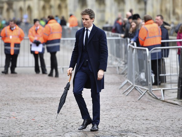 British actor Eddie Redmayne, who played the role of the late Professor Stephen Hawking in the 2014 biographical drama The Theory of Everything, attends his funeral at University Church of St Mary the ...