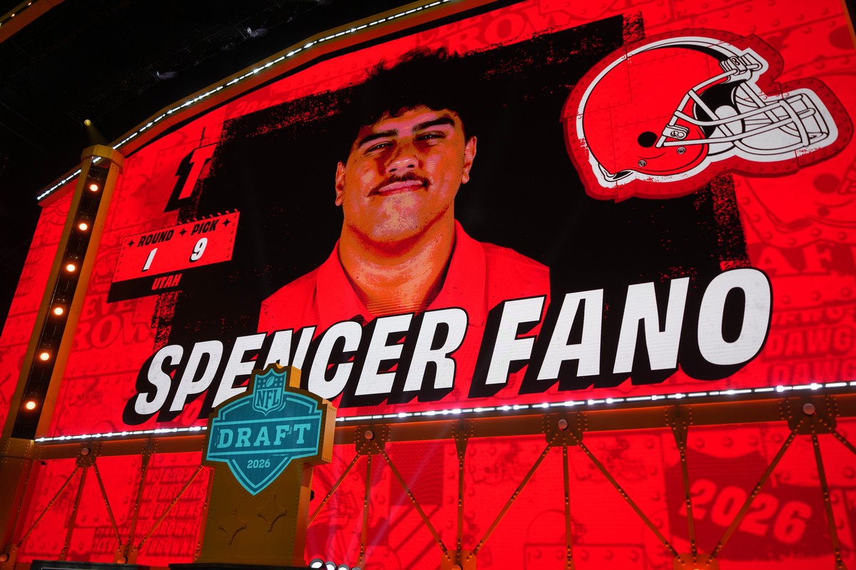 Spencer Fano is displayed on a draft stage screen after being chosen by the Cleveland Browns with the ninth overall pick during the first round of the NFL football draft, Thursday, April 23, 2026, in  ...
