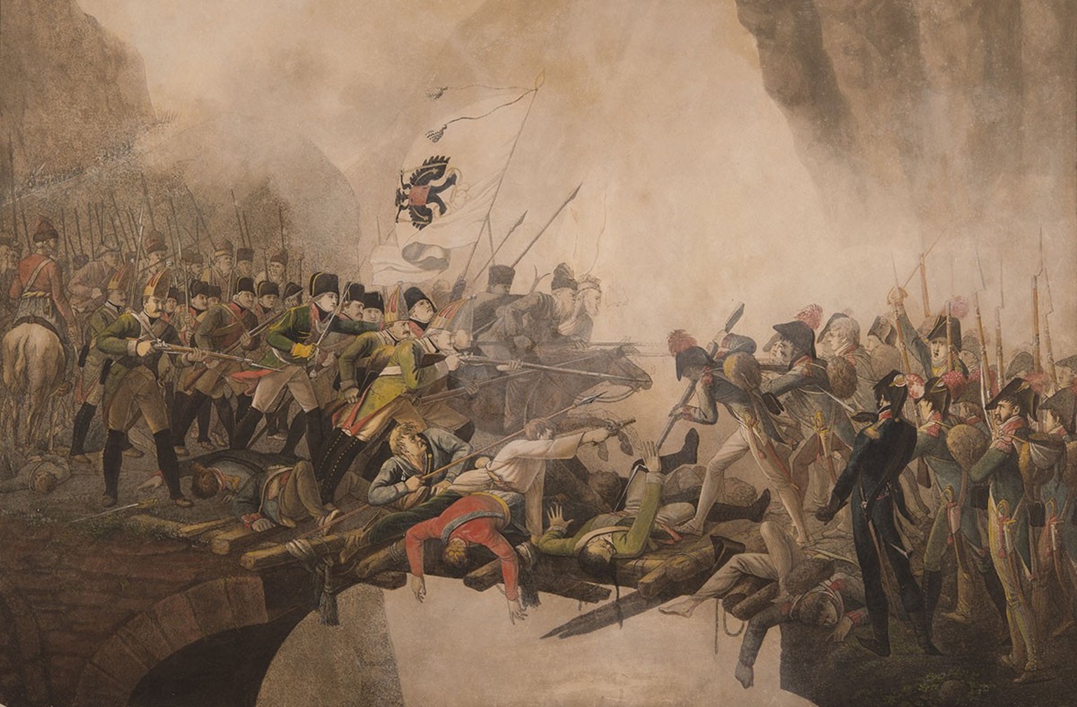 Kampf auf der Teufelsbrücke zwischen Truppen General Suworows und Franzosen. Anonym, um 1800.
https://permalink.nationalmuseum.ch/100105494