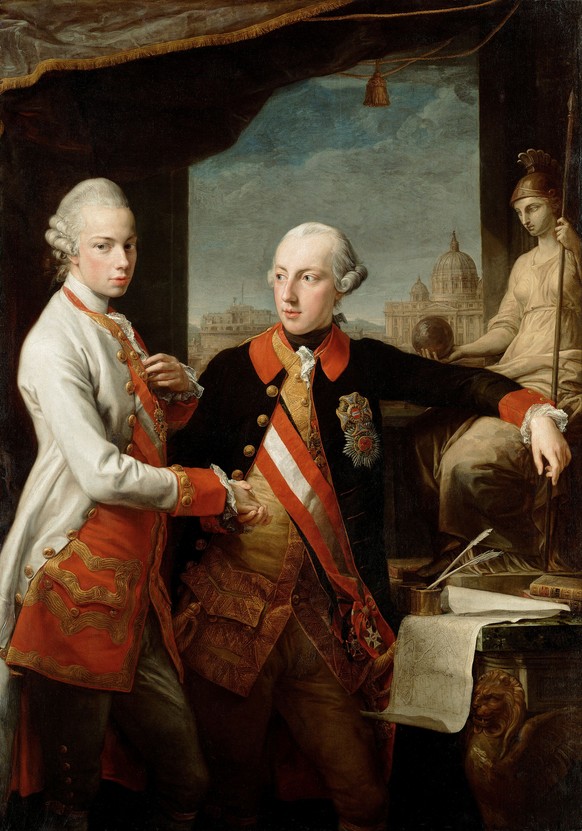 Die Söhne, die Kaiser werden: Joseph mit seinem Bruder Leopold in Rom, 1769. Als seine geliebte Frau Isabella von Parma nach einer Fehlgeburt verstarb, ging Joseph auf Reisen nach&nbsp;Italien, Polen, ...