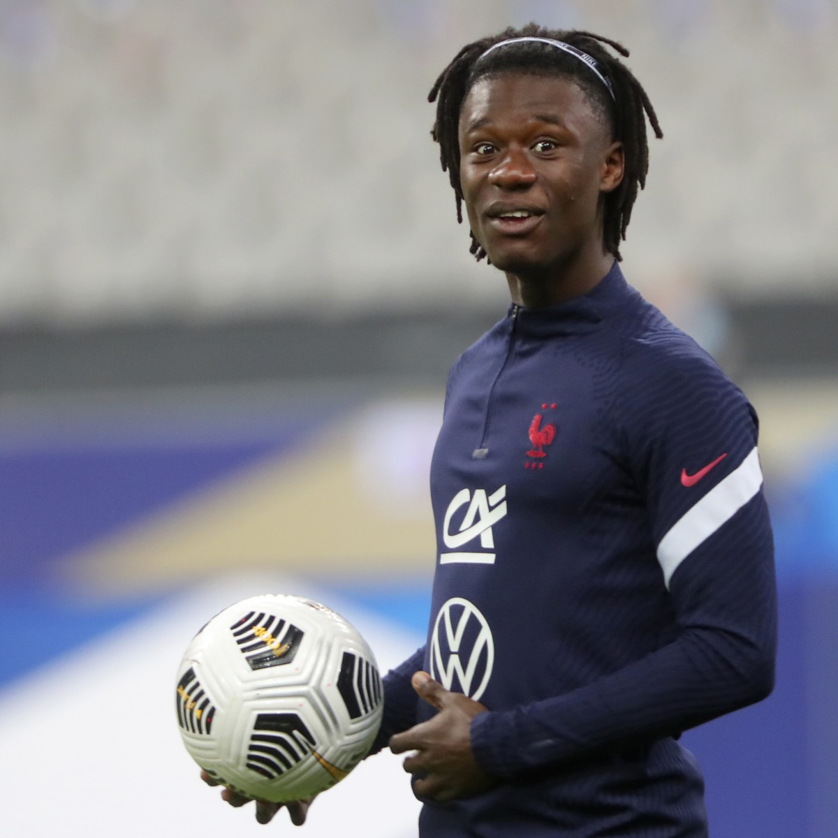 France's Eduardo Camavinga holds a ball during warmup before the UEFA Nations League soccer match between France and Portugal at the Stade de France in Saint-Denis, north of Paris, France, Sunday ...