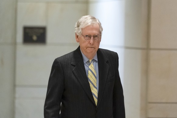 Senate Minority Leader Mitch McConnell of Ky., arrives to watch a speech by Ukrainian President Volodymyr Zelenskyy live-streamed into the U.S. Capitol, in Washington, Wednesday, March 16, 2022. Zelen ...