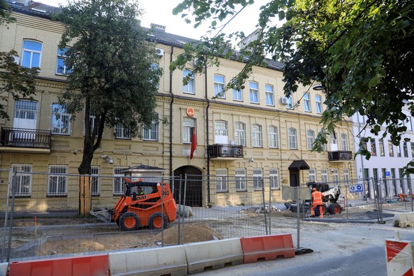 epa09359281 A view of rconstruction works outside the Chinese Embassy building in Vilnius, Lithuania, 23 July 2021. This week, Taiwan announced the opening of a de facto embassy in Lithuania, calling  ...