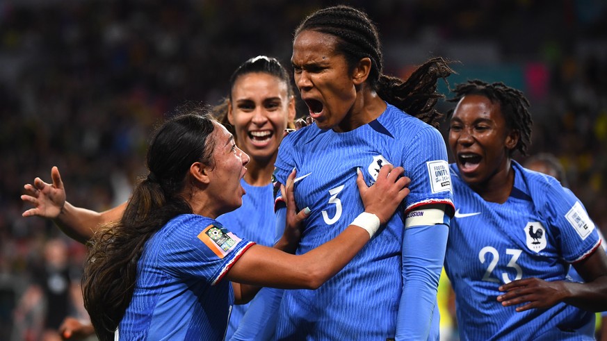 epa10775227 Wendie Renard of France (C) celebrates with teammates after scoring a goal during the FIFA Women&#039;s World Cup 2023 soccer match between France and Brazil at Brisbane Stadium in Brisban ...