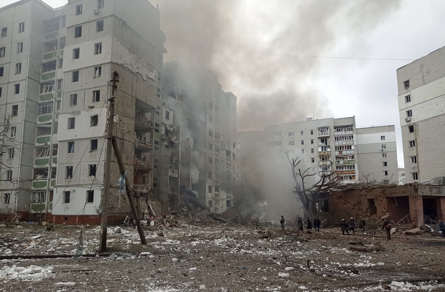 A view damaged city center after Russian air raid in Chernigiv, Ukraine, Thursday, March 3, 2022. Russian forces have escalated their attacks on crowded cities in what Ukraine's leader called a b ...