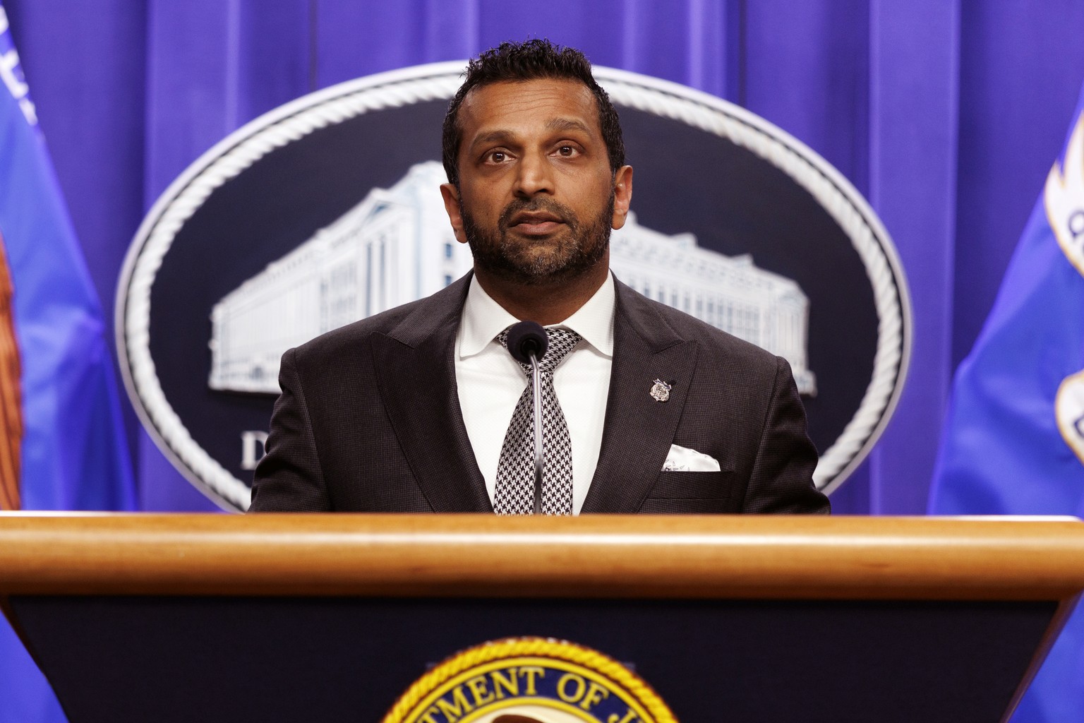 epaselect epa12905661 FBI Director Kash Patel during a press conference at the US Department of Justice, in Washington, DC, USA, 21 April 2026. The Department of Justice announced charges against the  ...