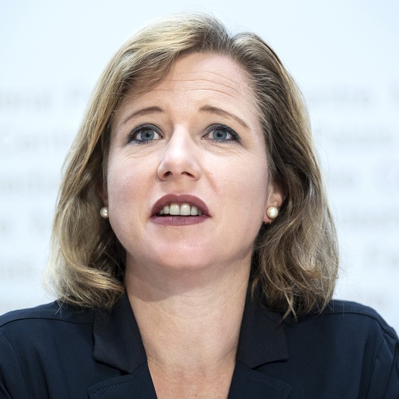 Nationalraetin Christa Markwalder, FDP-BE, aeussert sich an einer Medienkonferenz zur Abstimmungskampagne des liberalen Komitees zu den Kinderabzuegen, am Dienstag, 4. August 2020, in Bern (KEYSTONE/P ...