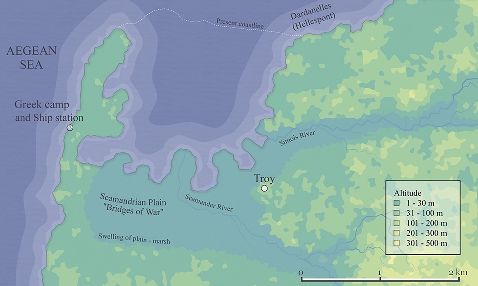 Geomorphology of the area surrounding Troy in the later phases of the Late Bronze Age (labels indicate the locations of the two army encampments and the geographic features of the area).
https://journ ...