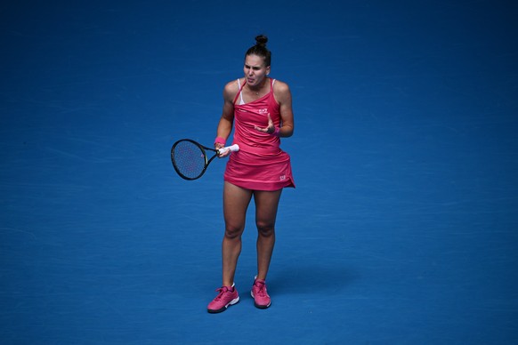 epa10414599 Veronika Kudermetova of Russia reacts while in action against Katie Volynets of the USA during their second round match in the 2023 Australian Open tennis tournament at Melbourne Park in M ...