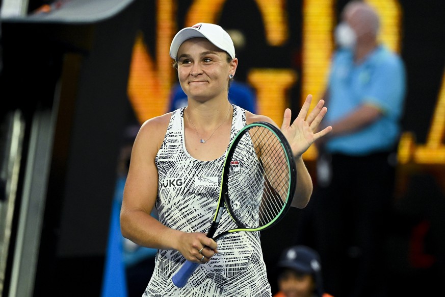 epa09703723 Ashleigh Barty of Australia celebrates winning against Amanda Anisimova of the United States during her 4th round Women?s singles match on Day 7 of the Australian Open at Melbourne Park in ...