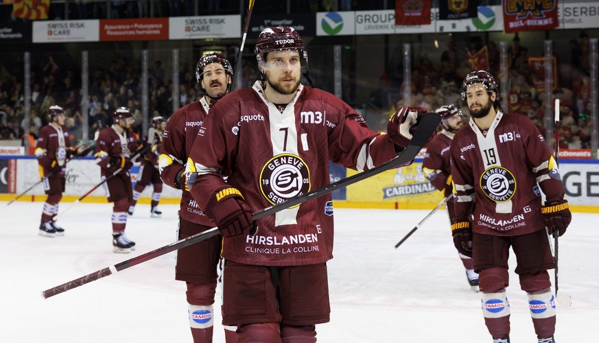 Geneve-Servette&#039;s defender Henrik Toemmernes #7 and his teammates celebrate after defeating the team Biel-Bienne, during the fifth leg of the National League Swiss Championship final playoff game ...